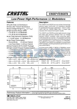 CS5371-BS datasheet - LOW POWER HIGH PERFORMANCE MODULATORS