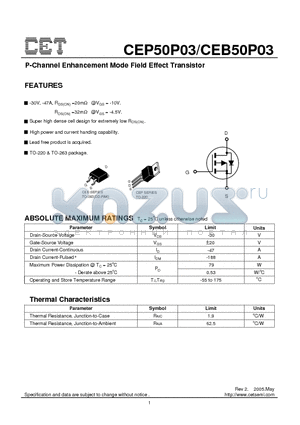 CEB50P03 datasheet - P-Channel Enhancement Mode Field Effect Transistor