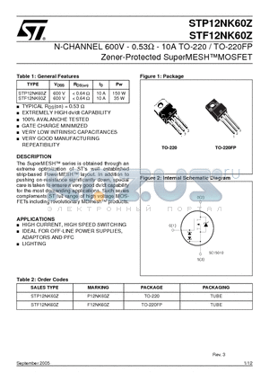 F12NK60Z datasheet - N-CHANNEL 600V - 0.53 Ohm - 10A TO-220 / TO-220FP Zener-Protected SuperMESHMOSFET