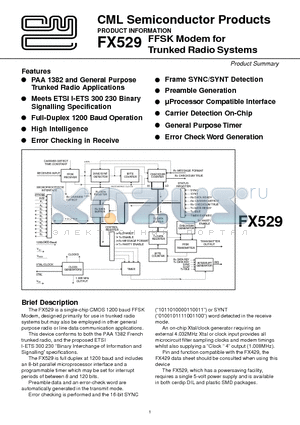 FX529 datasheet - FFSK MODEM FOR TRUNKED RADIO SYSTEMS