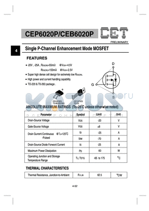 CEB6020P datasheet - Single P-Channel Enhancement Mode MOSFET