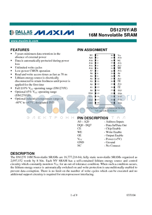 DS1270AB-70IND datasheet - 16M Nonvolatile SRAM