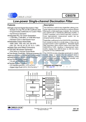 CS5378 datasheet - Low-power Single-channel Decimation Filter