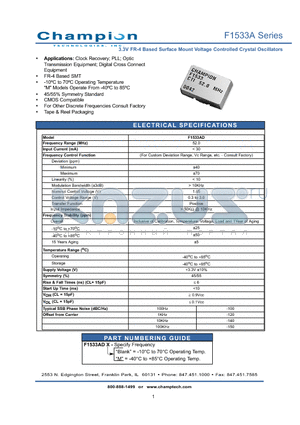 F1533A datasheet - 3.3V FR-4 Based Surface Mount Voltage Controlled Crystal Oscillators