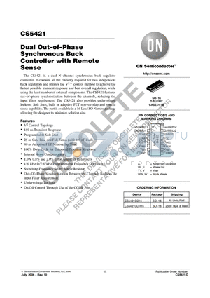 CS5421GD16 datasheet - Dual Out−of−Phase Synchronous Buck Controller with Remote Sense