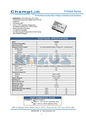 F1535A datasheet - 5V FR-4 Based Surface Mount Voltage Controlled Crystal Oscillators