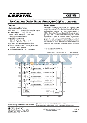 CS5451 datasheet - SIX CHANNEL DELTA SIGMA ANALOG TO DIGITAL CONVERTER