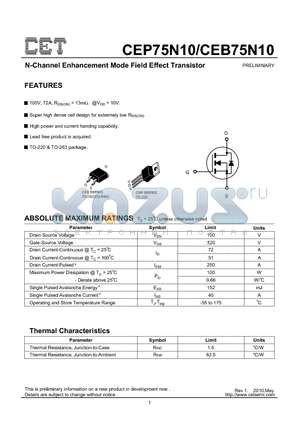 CEB75N10 datasheet - N-Channel Enhancement Mode Field Effect Transistor