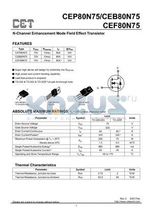 CEB80N75 datasheet - N-Channel Enhancement Mode Field Effect Transistor