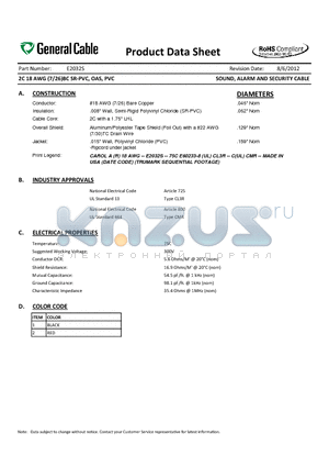 E2032S datasheet - 2C 18 AWG (7/26)BC SR-PVC, OAS, PVC SOUND, ALARM AND SECURITY CABLE