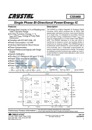 CS5460 datasheet - Single Phase Bi-Directional Power/Energy IC