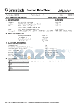 E2038S datasheet - 8C 18 AWG 7/26 BC PVC OAS PVC Sound, Alarm & Security Cable