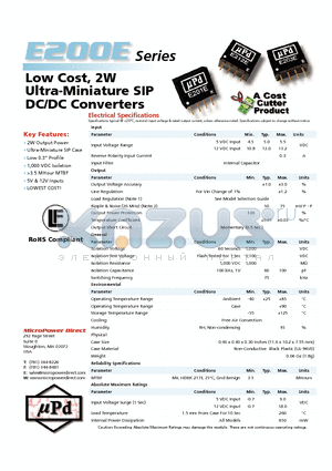 E203E datasheet - Low Cost, 2W Ultra-Miniature SIP DC/DC Converters