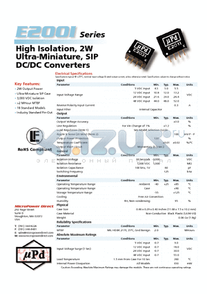 E203I datasheet - High Isolation, 2W Ultra-Miniature, SIP DC/DC Converters