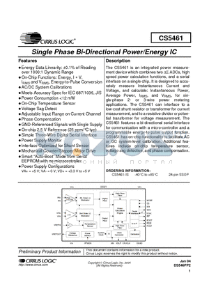 CS5461 datasheet - Single Phase Bi-Directional Power/Energy IC
