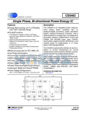 CS5463 datasheet - Single Phase, Bi-directional Power/Energy IC