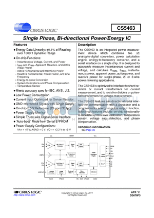 CS5463 datasheet - Single Phase, Bi-directional Power/Energy IC