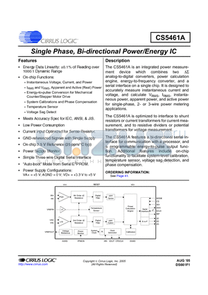 CS5461A datasheet - Single Phase, Bi-directional Power/Energy IC