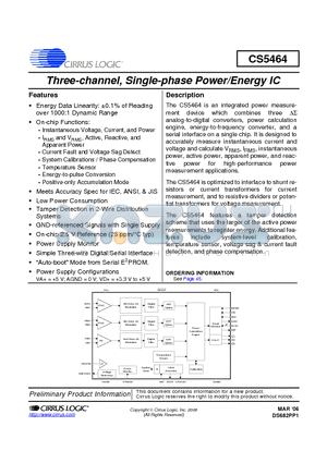 CS5464 datasheet - Three-channel, Single-phase Power/Energy IC
