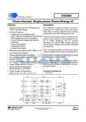 CS5464 datasheet - Three-channel, Single-phase Power/Energy IC
