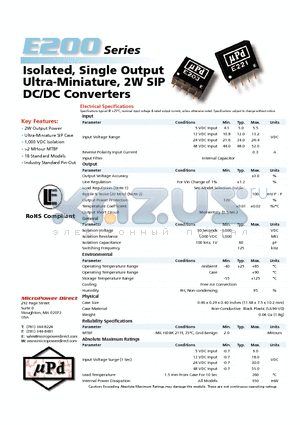 E204 datasheet - Isolated, Single Output Ultra-Miniature, 2W SIP DC/DC Converters