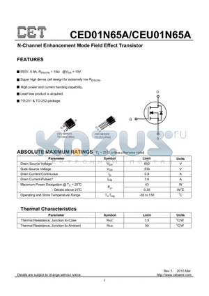 CED01N65A datasheet - N-Channel Enhancement Mode Field Effect Transistor