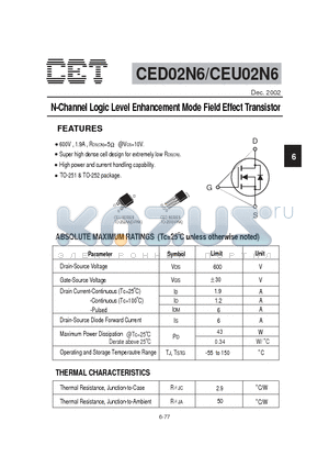 CED02N6 datasheet - N-Channel Logic Level Enhancement Mode Field Effect Transistor