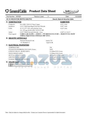 E2052S datasheet - 2C 14 19/0.0147 BC SR-PVC OAS PVC Sound, Alarm & Security Cable