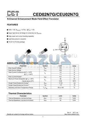 CED02N7G datasheet - N-Channel Enhancement Mode Field Effect Transistor