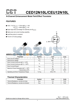 CED12N10L datasheet - N-Channel Enhancement Mode Field Effect Transistor