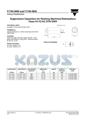 F1740-3800 datasheet - Suppression Capacitors for Washing Machines/Dishwashers Class X1/Y2 AC 275V/250V