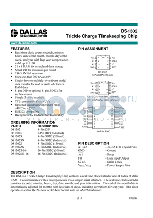 DS1302 datasheet - Trickle Charge Timekeeping Chip