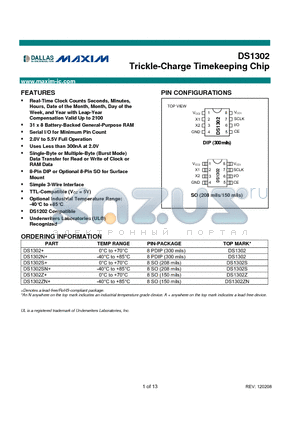 DS1302+ datasheet - Trickle-Charge Timekeeping Chip