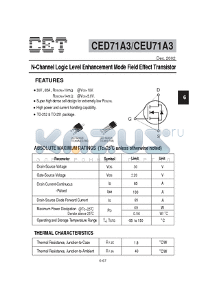 CED71A3 datasheet - N-Channel Logic Level Enhancement Mode Field Effect Transistor