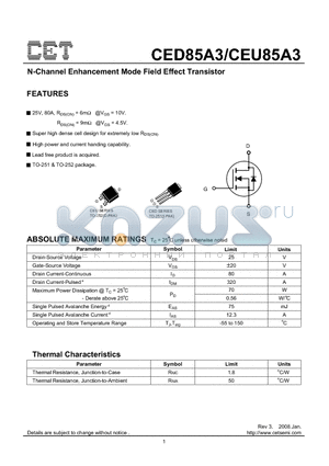 CED85A3_08 datasheet - N-Channel Enhancement Mode Field Effect Transistor