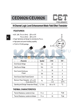 CED9926 datasheet - N-Channel Logic Level Enhancement Mode Field Effect Transistor