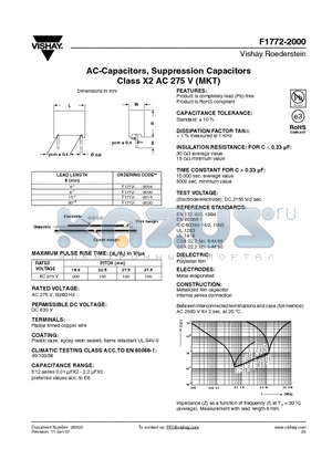 F1772-312-20 datasheet - AC-Capacitors, Suppression Capacitors Class X2 AC 275 V (MKT)