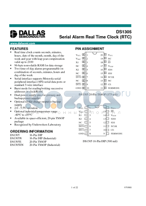 DS1305N datasheet - Serial Alarm Real Time Clock RTC