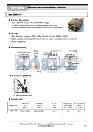 CEER3010 datasheet - Automotive HID Transformer<SMD Type : CEER Series >