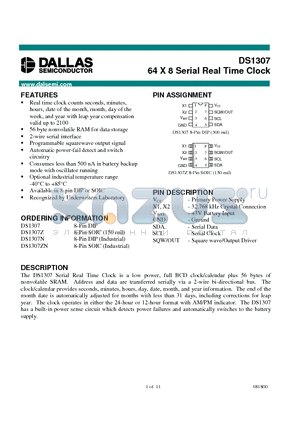 DS1307 datasheet - 64 X 8 Serial Real Time Clock