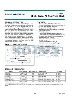 DS1307 datasheet - 64 x 8, Serial, I2C Real-Time Clock