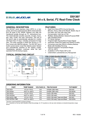 DS1307N+ datasheet - 64 x 8, Serial, I2C Real-Time Clock