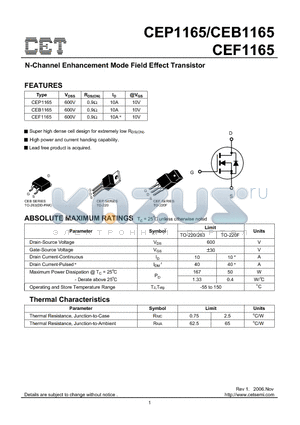 CEF1165 datasheet - N-Channel Enhancement Mode Field Effect Transistor