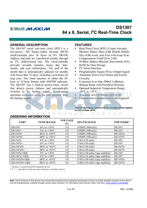 DS1307Z+ datasheet - 64 x 8, Serial, I2C Real-Time Clock