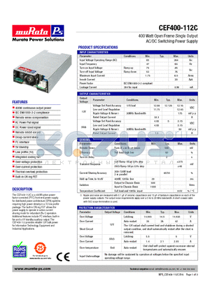 CEF400-112C datasheet - 400 Watt Open Frame Single Output AC/DC Switching Power Supply