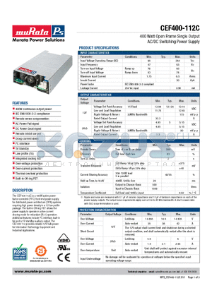 CEF400-112C datasheet - 400 Watt Open Frame Single Output AC/DC Switching Power Supply