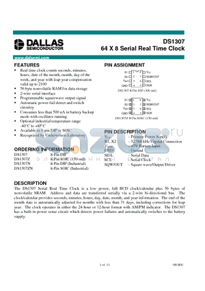 DS1307ZN datasheet - 64 X 8 Serial Real Time Clock