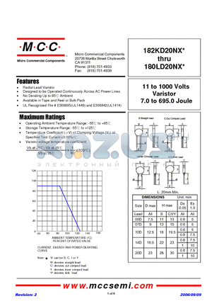 180LD20NX datasheet - 11 to 1000 Volts Varistor 7.0 to 695.0 Joule