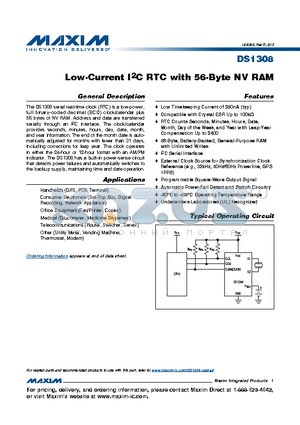 DS1308U-3+ datasheet - Low-Current I2C RTC with 56-Byte NV RAM