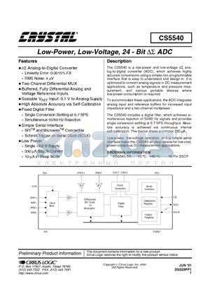 CS5540 datasheet - LOW POWER LOW VOLTAGE 24- BIT ACD
